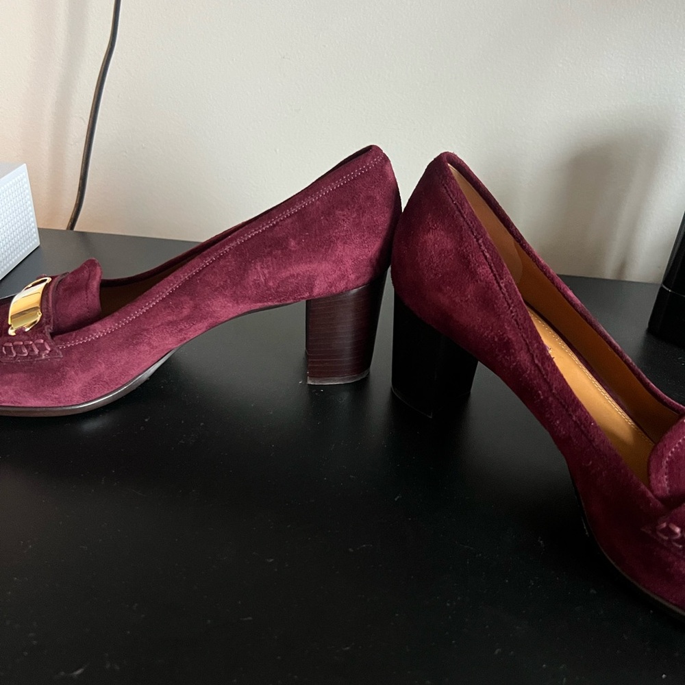 Ralph Lauren Purple Label Burgundy Suede Horsebit Pumps Gold Bit Made in Italy - Picture 5 of 11